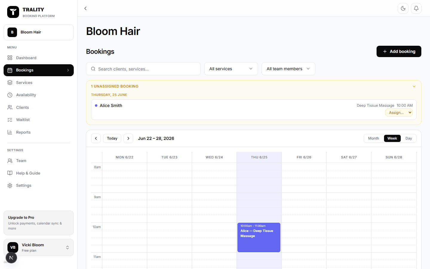 Bookings screen