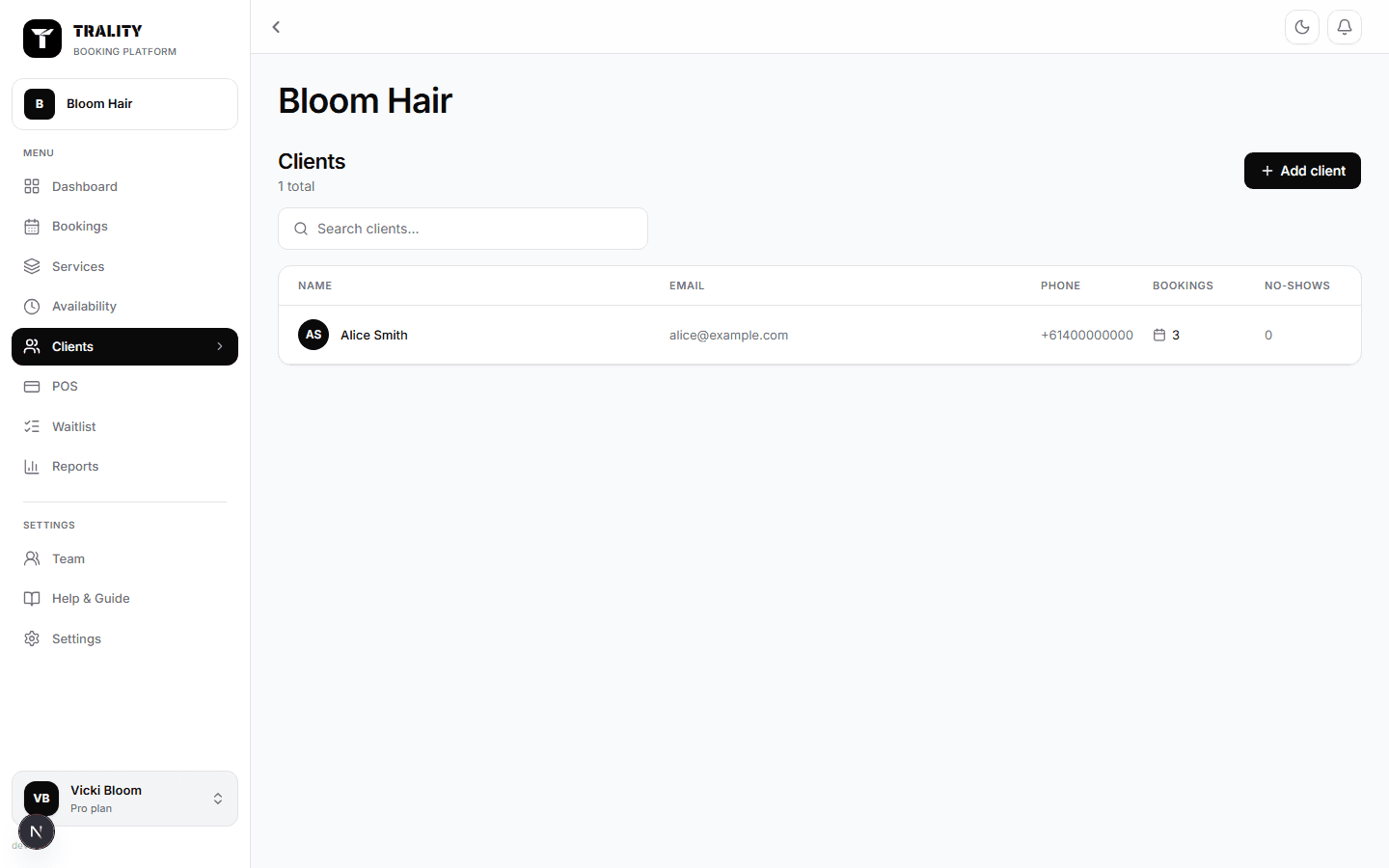 Clients screen