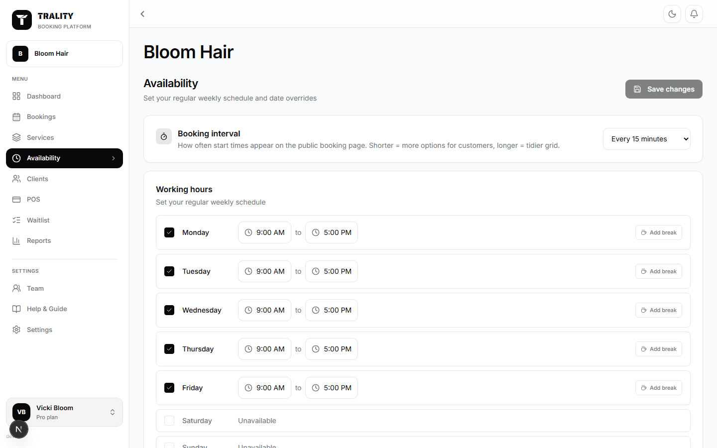 Availability screen